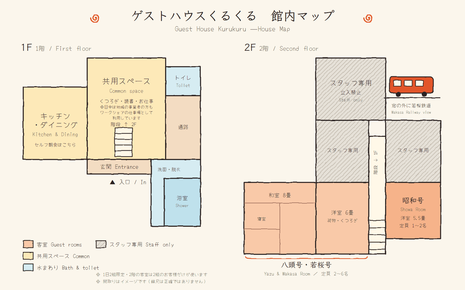 ゲストハウスくるくる 館内マップ。1階はキッチン・ダイニング、共用スペース、玄関、トイレ、洗面・脱衣、浴室。2階は客室の八頭号・若桜号(和室8畳・洋室6畳、定員2〜6名)と昭和号(洋室5.5畳、定員1〜2名)、スタッフ専用区画。